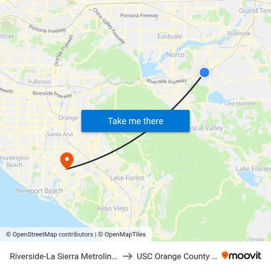 Riverside-La Sierra Metrolink Station to USC Orange County Center map