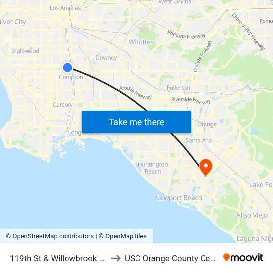 119th St & Willowbrook Ave to USC Orange County Center map