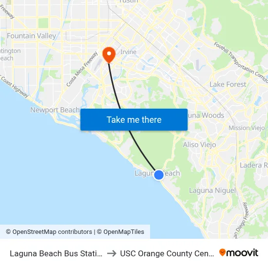 Laguna Beach Bus Station to USC Orange County Center map
