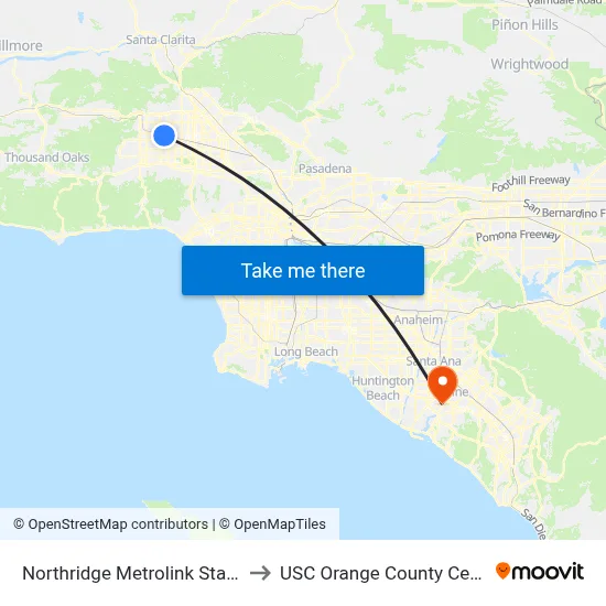 Northridge Metrolink Station to USC Orange County Center map