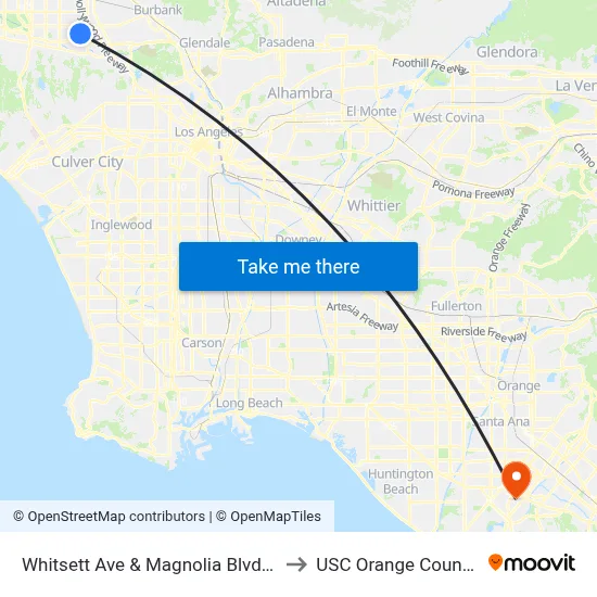 Whitsett Ave & Magnolia Blvd Southbound to USC Orange County Center map