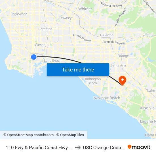 110 Fwy & Pacific Coast Hwy (Westbound) to USC Orange County Center map