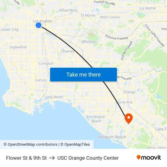 Flower St & 9th St to USC Orange County Center map