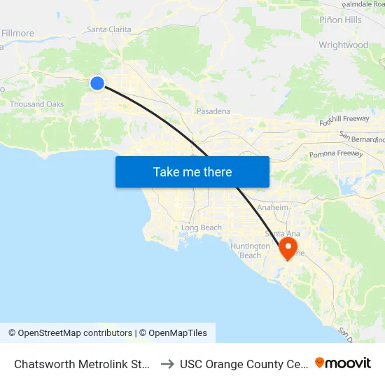 Chatsworth Metrolink Station to USC Orange County Center map