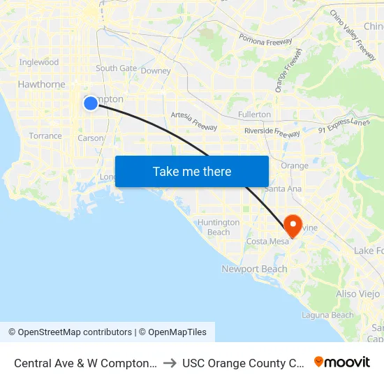 Central Ave & W Compton Blvd to USC Orange County Center map