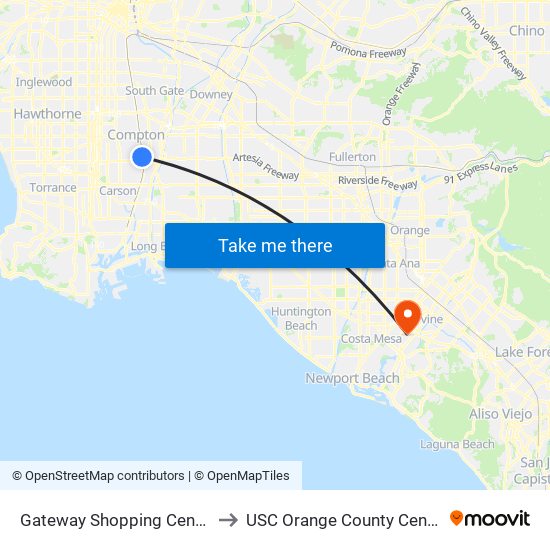 Gateway Shopping Center to USC Orange County Center map
