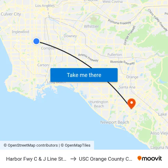 Harbor Fwy C & J Line Station to USC Orange County Center map