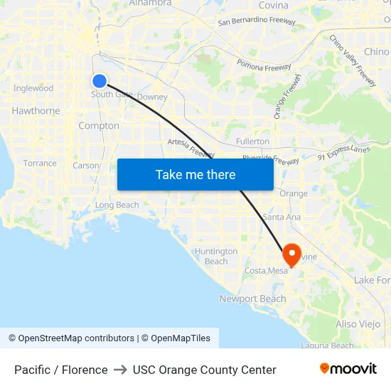 Pacific / Florence to USC Orange County Center map