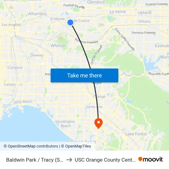 Baldwin Park / Tracy (SB) to USC Orange County Center map