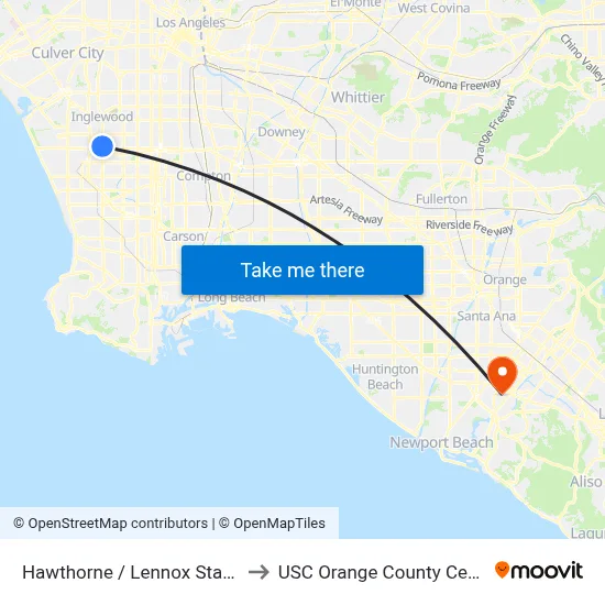 Hawthorne / Lennox Station to USC Orange County Center map