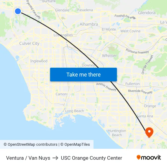Ventura / Van Nuys to USC Orange County Center map