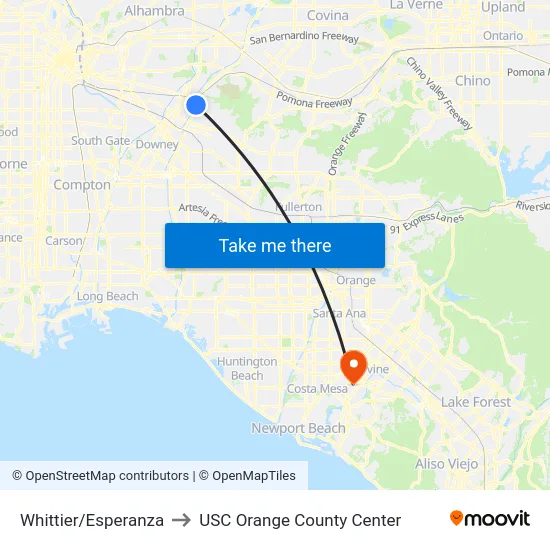 Whittier/Esperanza to USC Orange County Center map