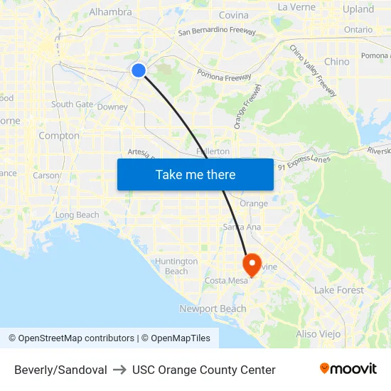 Beverly/Sandoval to USC Orange County Center map