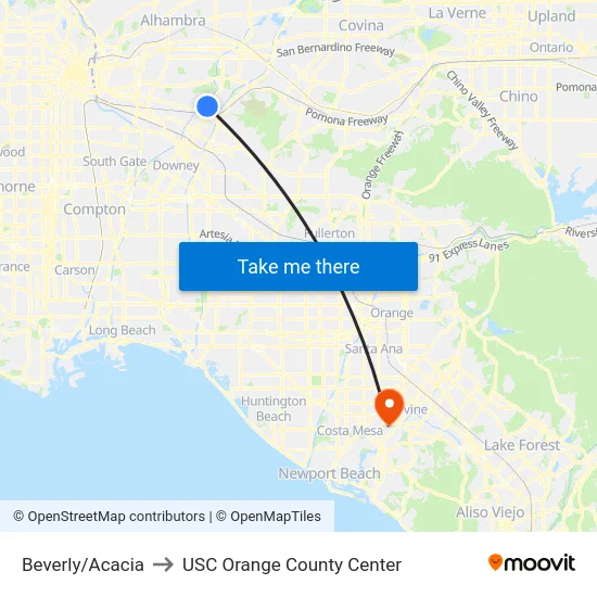 Beverly/Acacia to USC Orange County Center map