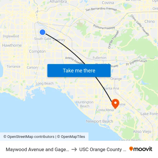 Maywood Avenue and Gage Avenue to USC Orange County Center map