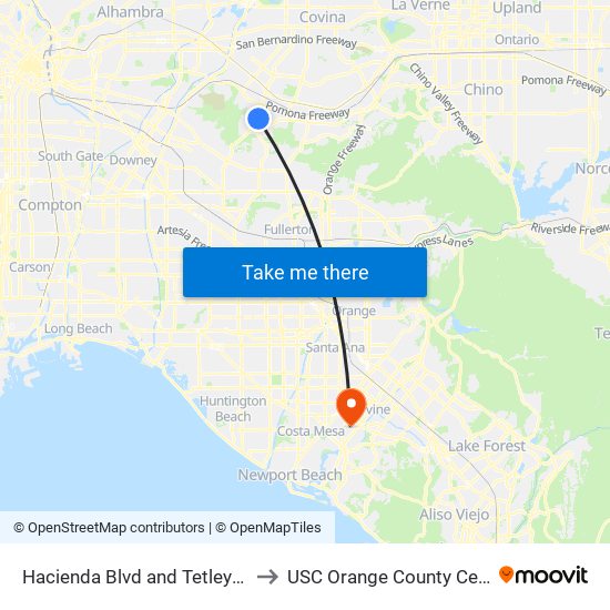 Hacienda Blvd and Tetley St N to USC Orange County Center map
