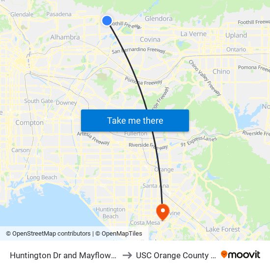 Huntington Dr and Mayflower Ave W to USC Orange County Center map