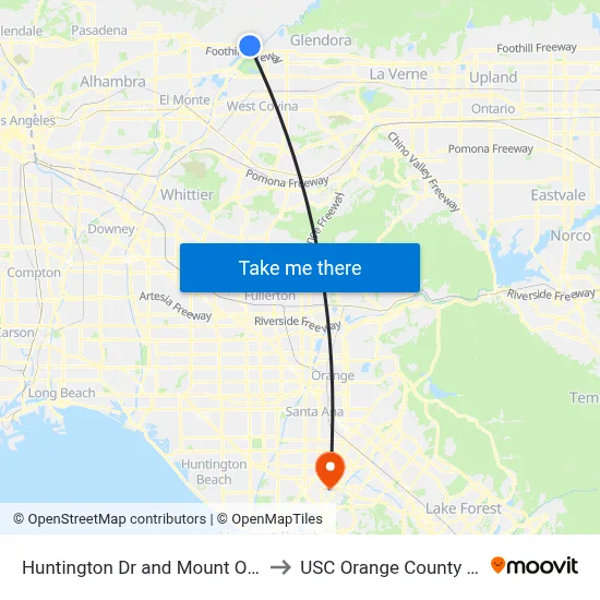 Huntington Dr and Mount Olive Dr E to USC Orange County Center map