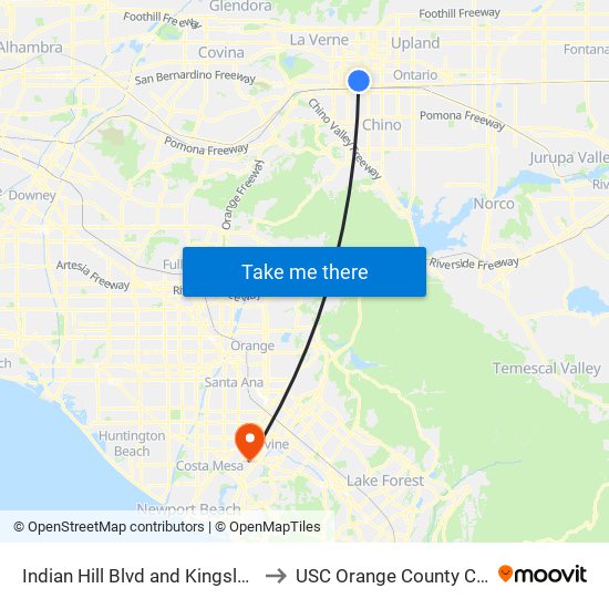 Indian Hill Blvd and Kingsley St E to USC Orange County Center map