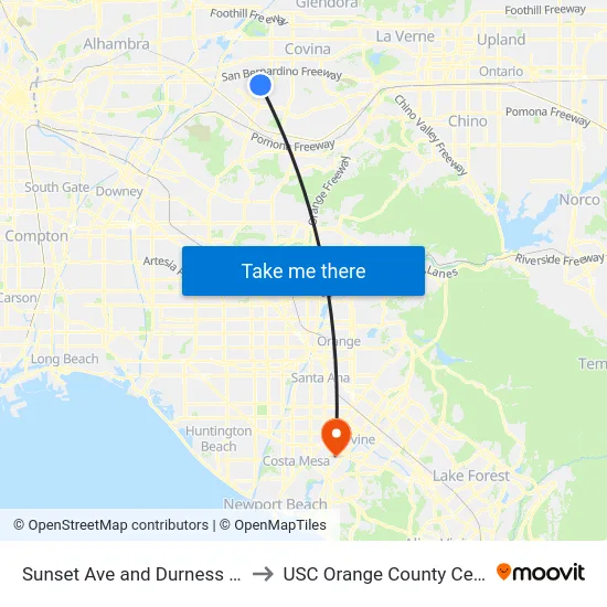 Sunset Ave and Durness St N to USC Orange County Center map