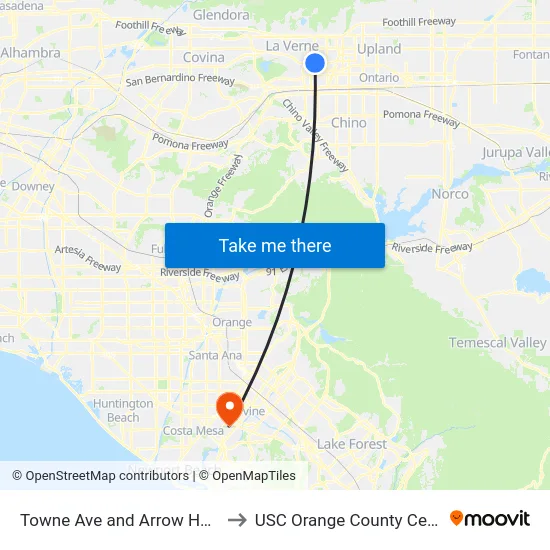 Towne Ave and Arrow Hwy S to USC Orange County Center map
