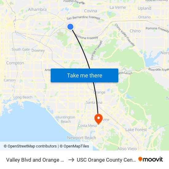 Valley Blvd and Orange Ave to USC Orange County Center map