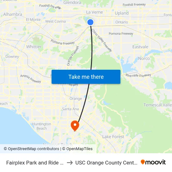 Fairplex Park and Ride W to USC Orange County Center map