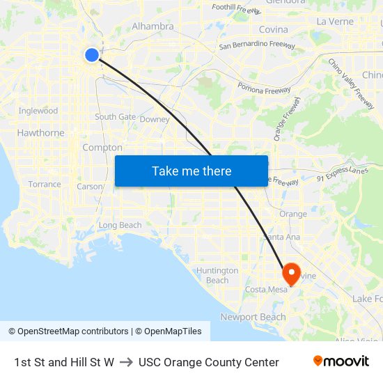 1st St and Hill St W to USC Orange County Center map