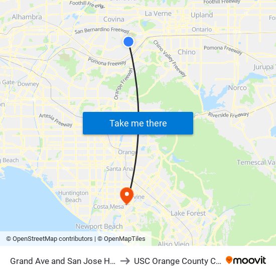 Grand Ave and San Jose Hills Rd to USC Orange County Center map