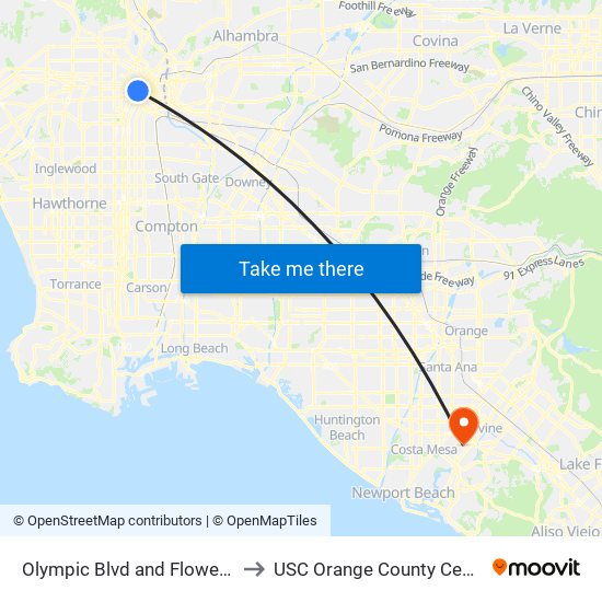 Olympic Blvd and Flower St to USC Orange County Center map