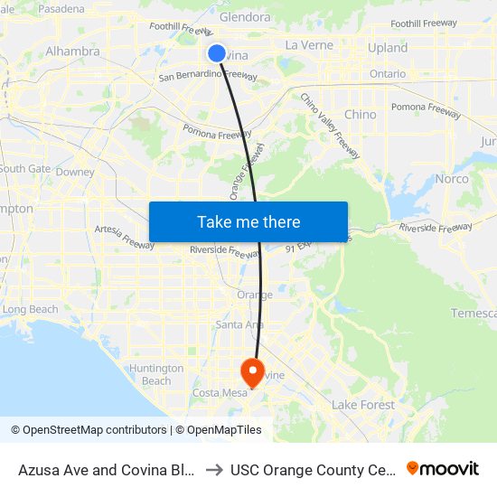 Azusa Ave and Covina Blvd S to USC Orange County Center map