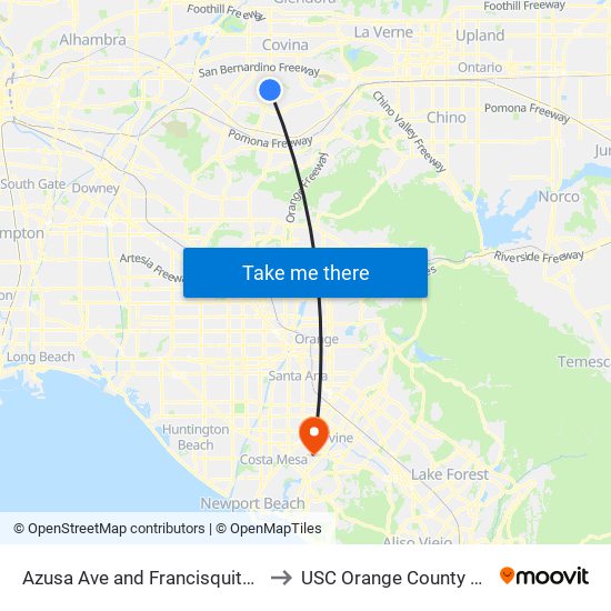 Azusa Ave and Francisquito Ave N to USC Orange County Center map