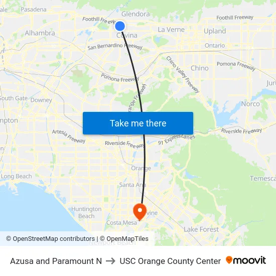 Azusa Ave and Paramount St N to USC Orange County Center map