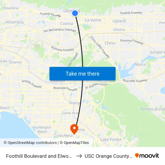 Foothill Boulevard and Elwood Avenue to USC Orange County Center map
