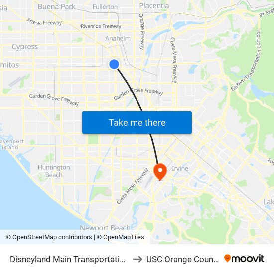 Disneyland Main Transportation Center - 12 to USC Orange County Center map