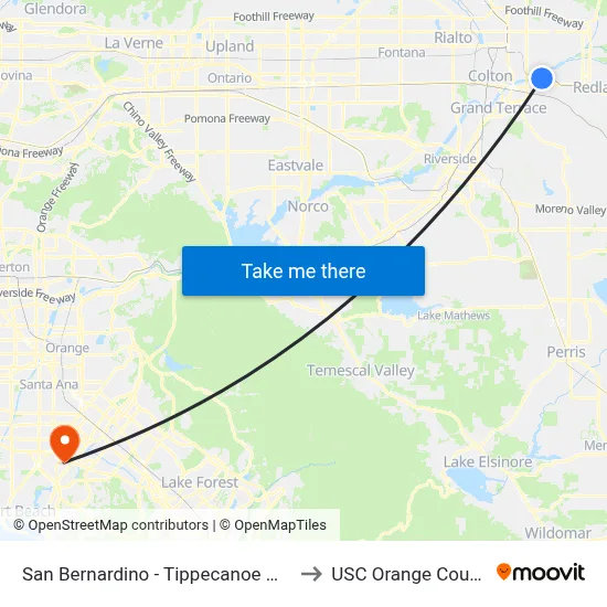 San Bernardino - Tippecanoe Metrolink Station to USC Orange County Center map