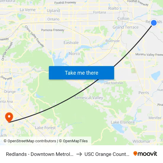 Redlands - Downtown Metrolink Station to USC Orange County Center map