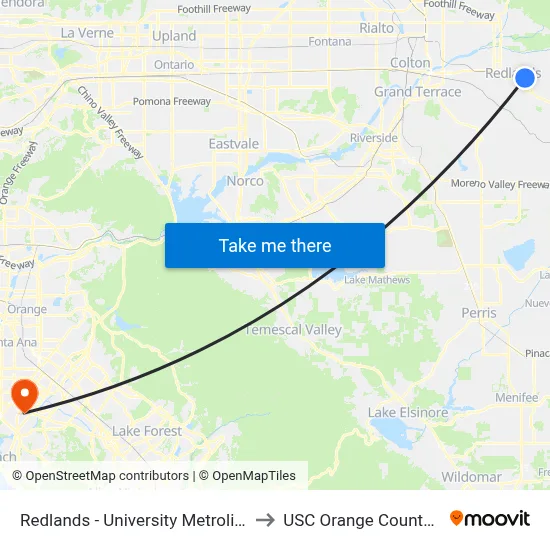 Redlands - University Metrolink Station to USC Orange County Center map