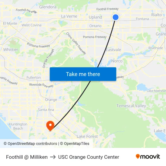 Foothill @ Milliken to USC Orange County Center map