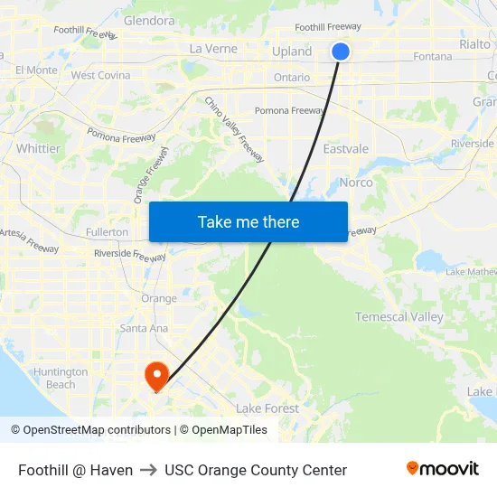 Foothill @ Haven to USC Orange County Center map