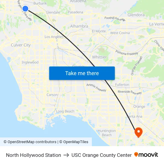 North Hollywood Station to USC Orange County Center map