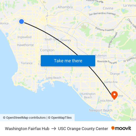 Washington Fairfax Hub to USC Orange County Center map