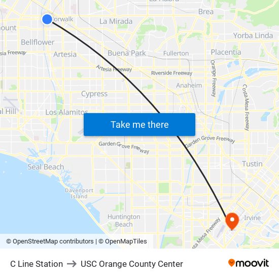 C Line Station to USC Orange County Center map