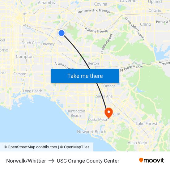 Norwalk/Whittier to USC Orange County Center map