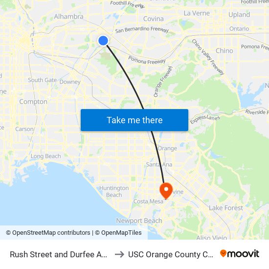 Rush Street and Durfee Avenue to USC Orange County Center map