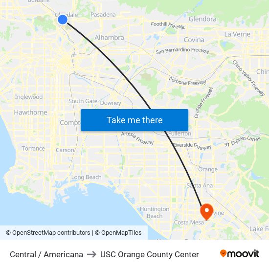 Central / Americana to USC Orange County Center map