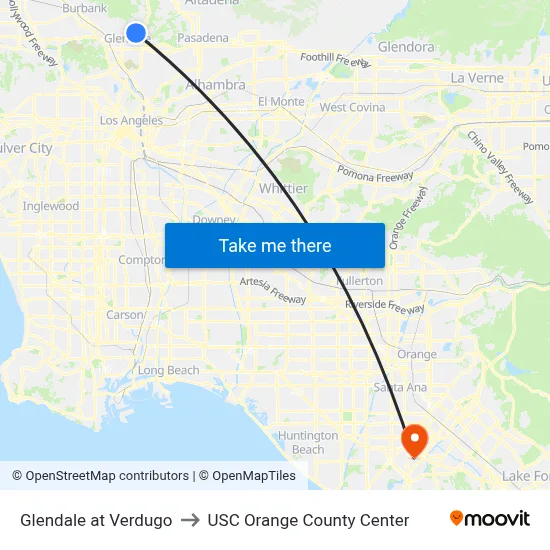 Glendale at Verdugo to USC Orange County Center map