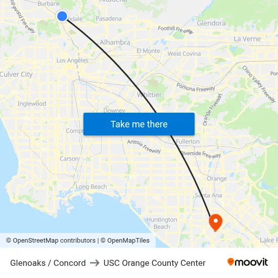 Glenoaks / Concord to USC Orange County Center map