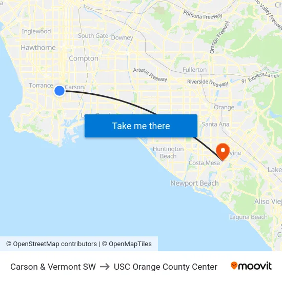 Carson & Vermont SE to USC Orange County Center map