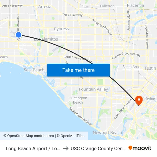 Long Beach Airport / Lot A to USC Orange County Center map